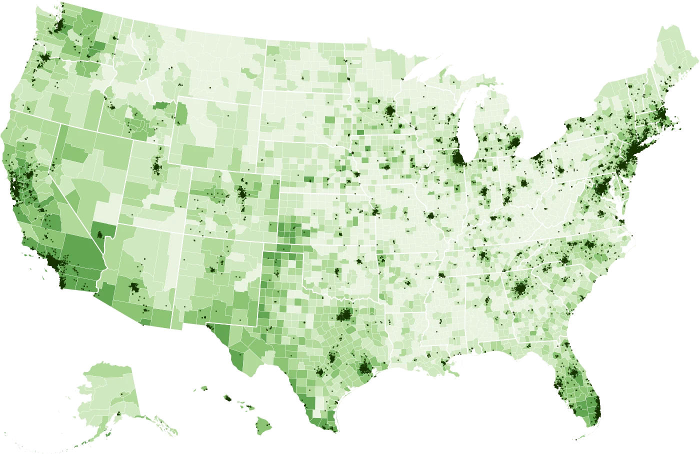 Map of the United States with a dot for each organization in the directory, over counties shaded by the share of residents born in another country